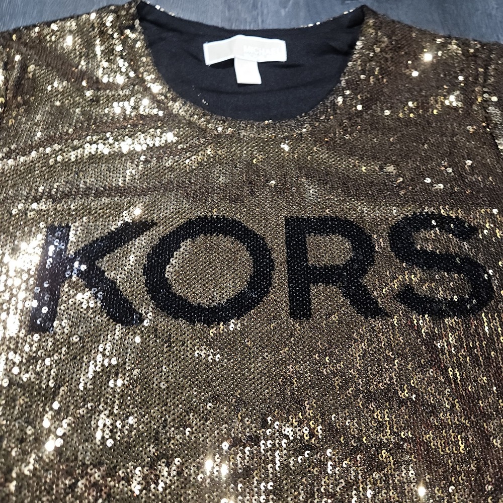 Michael Kors All Over Gold Sequin T Shirt Women M Lined Glitzy New Year Party - Picture 4 of 9